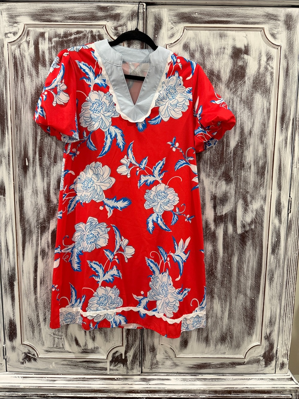 Red Floral Dress with Contrast Collar